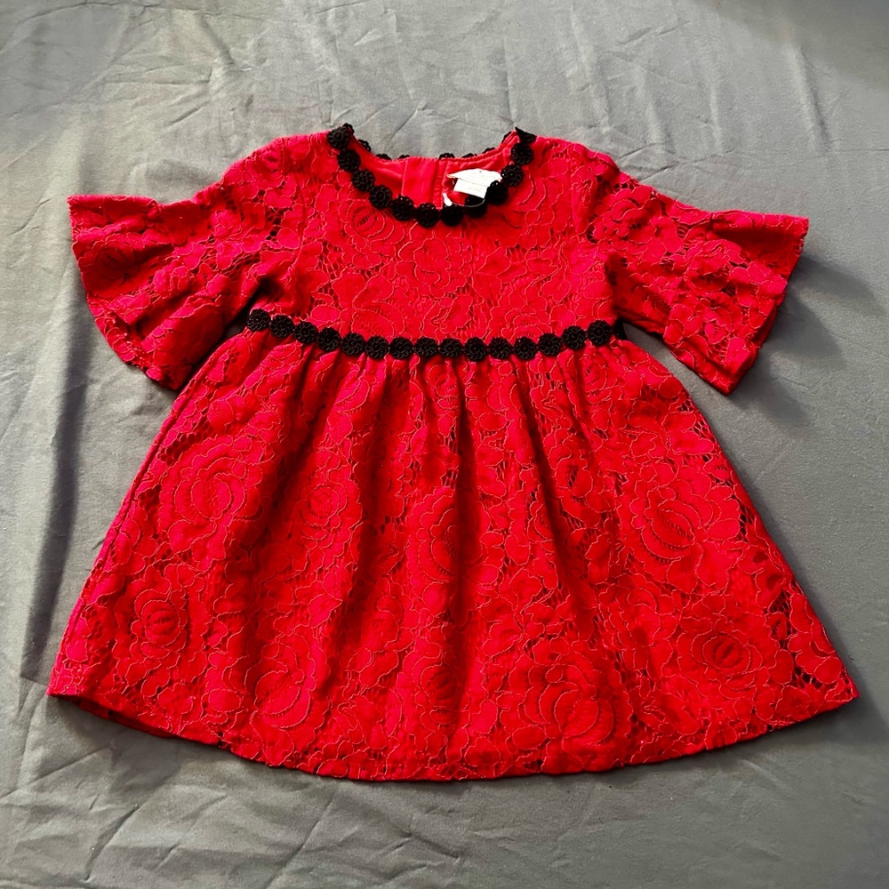 NEW Kate Spade Red Lace Rose classy dress🌹black flowers & gold zipper - size 2T